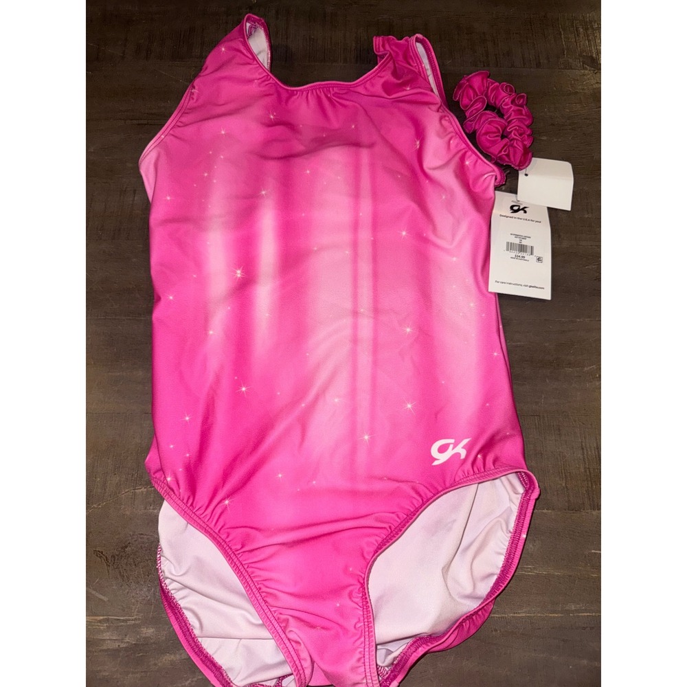 GK Elite Pink Ombre Starburst Gymnastics Leotard with Scrunchie AXS adult XS new